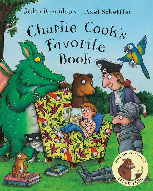 Book cover of 'Charlie Cook's Favorite Book' with colorful illustrations and characters.