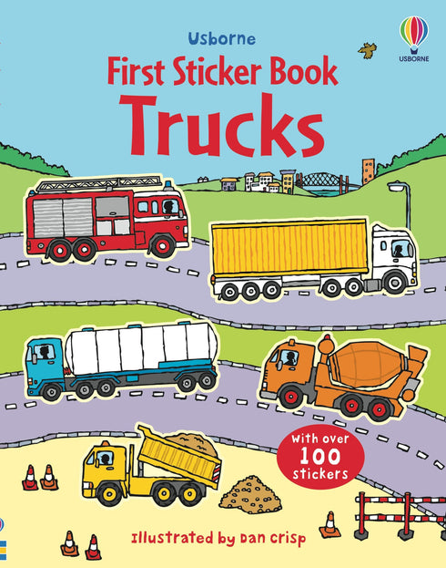 Book cover of 'First Sticker Book Trucks' with illustrations of various trucks on a road.