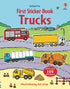 Book cover of 'First Sticker Book Trucks' with illustrations of various trucks on a road.