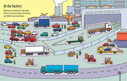 Illustration of a factory scene with trucks, cars, and workers on a road.