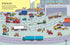 Illustration of a factory scene with trucks, cars, and workers on a road.