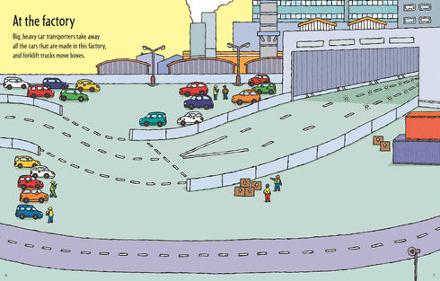 Cartoon illustration of a factory scene with cars and trucks on roads.