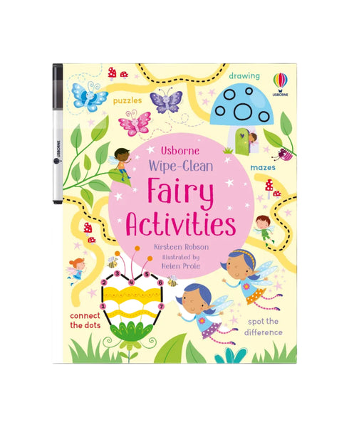 Usborne Wipe-Clean Fairy Activities book cover with colorful illustrations of fairies and activities.