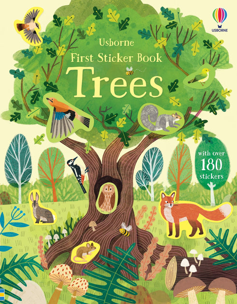 Usborne First Sticker Book Trees with colorful illustrations of trees and animals on a green background.