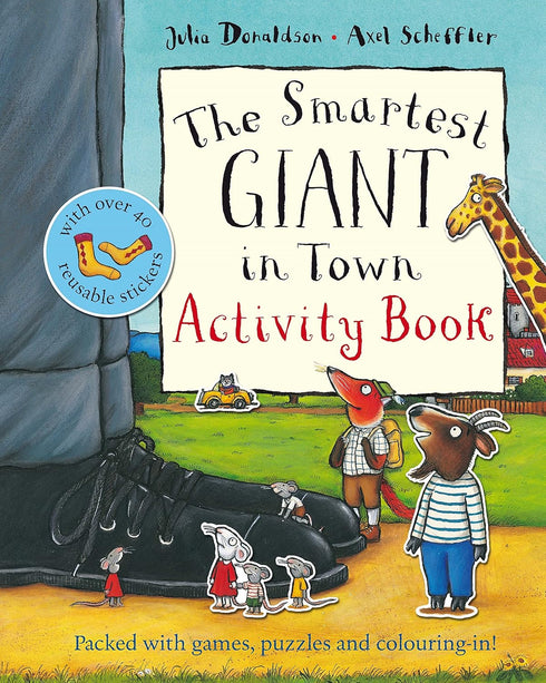 Activity book cover featuring cartoon animals and a giant's boot with stickers.