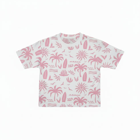 White t-shirt with pink palm tree pattern on a white background