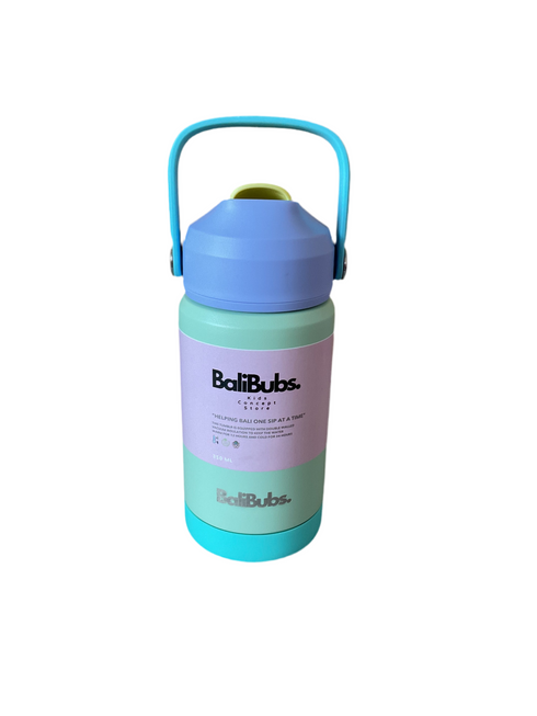 BaliBubs water bottle with purple label and blue accents on a white background