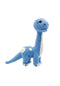 A crocheted plush dinosaur toy in light blue and white, standing on a seamless white background.