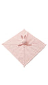 A light pink knitted baby lovey blanket with a small plush bunny attached at the center