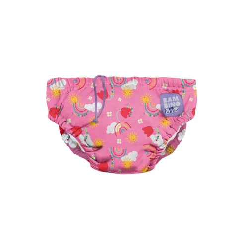 Pink swim diaper with colorful patterns