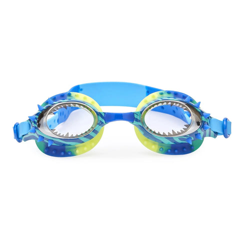 Colorful swim goggles with blue and green design on a white background
