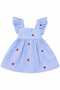 Blue gingham dress with red heart details on a white background