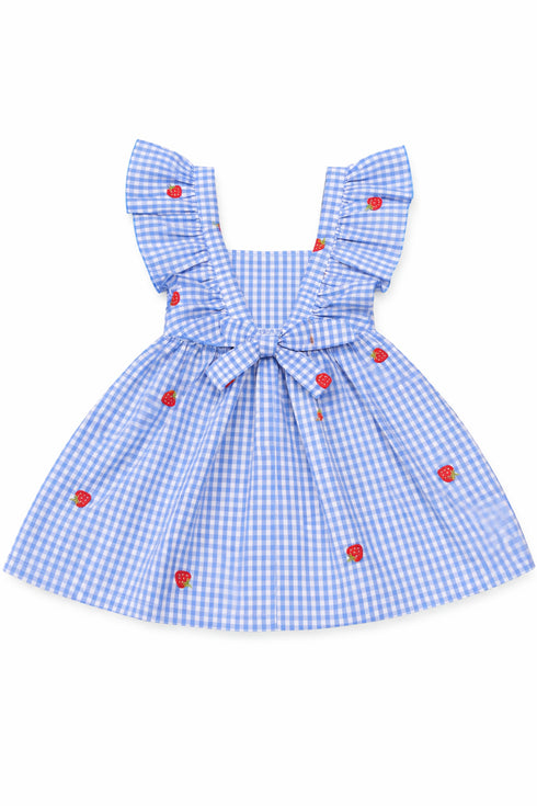 Blue checkered dress with red buttons on a white background