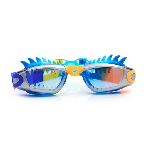Colorful shark-themed swim goggles on a white background