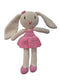 A handmade crocheted bunny doll with long cream ears, a pink dress, and pink shoes.