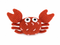 A crocheted crab toy in a rust-orange color, featuring large white eyes with black centers and small pink stitched details, set against a plain white background.