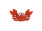 A crocheted crab toy in a rust-orange color, featuring large white eyes with black centers and small pink stitched details, set against a plain white background.
