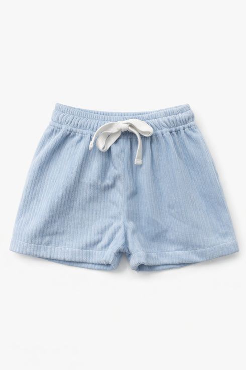 Light blue shorts with a drawstring on a white background