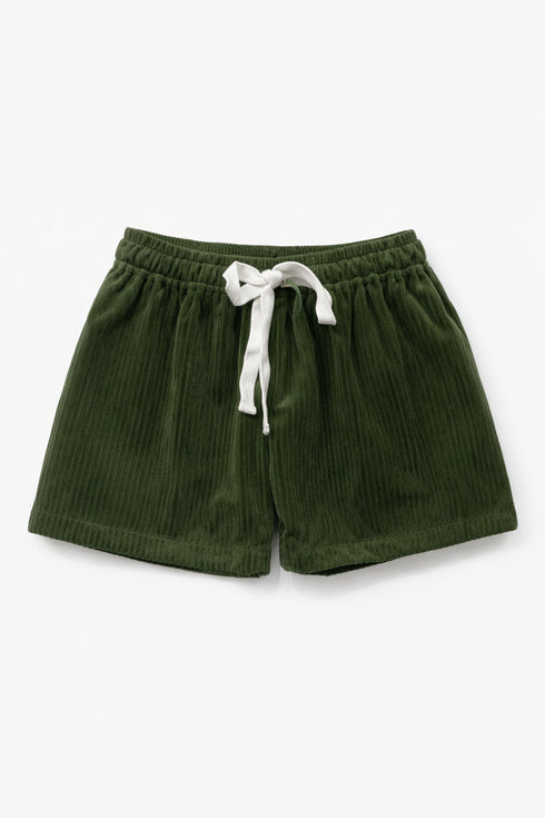 Green shorts with a white drawstring on a light gray background