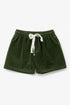 Green shorts with a white drawstring on a light gray background