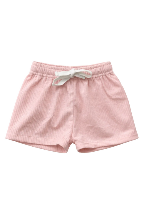 Pink shorts with a drawstring on a white background