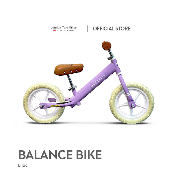 London Taxi balance bike in lilac with steel frame and vintage saddle, toddler bike for ages 2-5 | Bali Bubs
