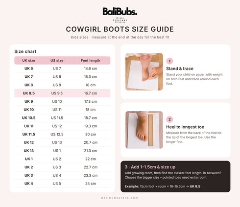 Cowgirl Boots kids size guide with UK and US sizes and how to measure your child's foot