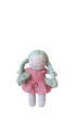 A fabric doll with a red and white checkered dress and green braided yarn hair.
