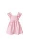 Pink checkered dress on a wooden hanger against a white background