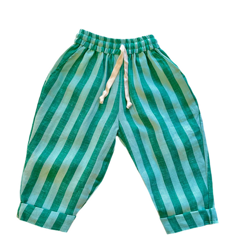 Linen long striped green pants, ecofriendly cloths handmade in bali