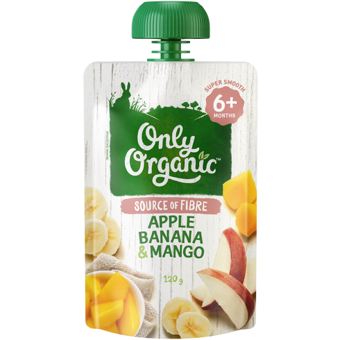 A pouch of Only Organic baby food featuring apple, banana, and mango. The packaging indicates it is suitable for babies 6+ months old.