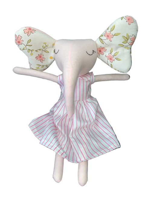 Plush toy elephant with floral ears and a striped dress