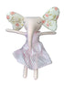 Plush toy elephant with floral ears and a striped dress