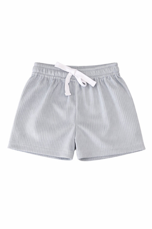 Light gray shorts with a white drawstring on a white background