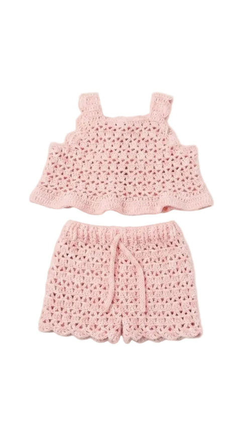 Pink girls crochet top and shorts handmade in bali.