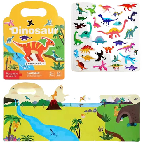 A children's dinosaur-themed reusable sticker and craft set shown in three views: the yellow handle bag with dinosaur artwork, a sheet of colorful dinosaur stickers, and a large assembled landscape scene with dinosaurs, a river, mountains, and palm trees.