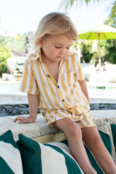 linen yellow and white striped eco friendly shirt set