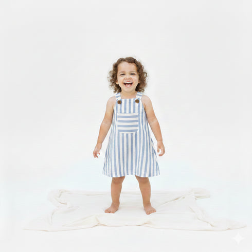 Child wearing a blue and white striped dress on a white background