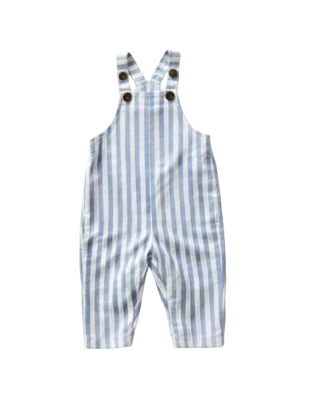Striped baby romper with bear ears on a light gray background