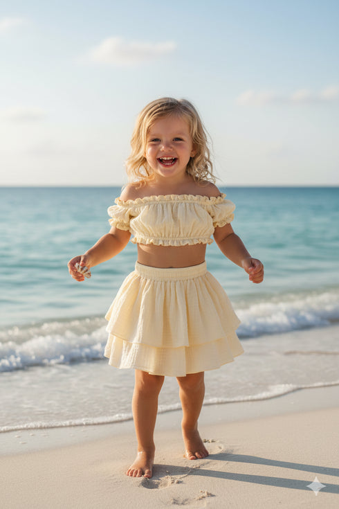 Child in a yellow outfit standing on a beach with ocean waves in the background