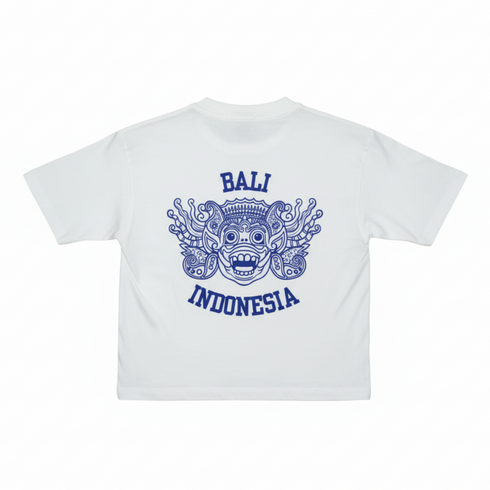 White t-shirt with blue graphic and text on a white background