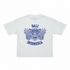 White t-shirt with blue graphic and text on a white background
