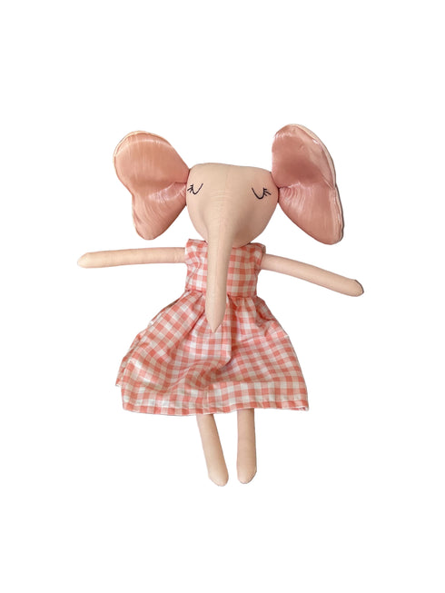 A handmade pink stuffed mouse doll wearing a pink and white gingham dress