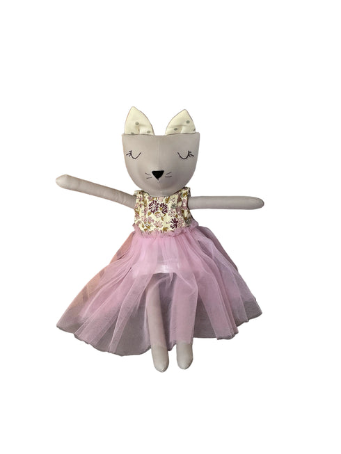 A plush cat doll with closed eyes, wearing a floral-patterned bodice and a pink tulle tutu skirt