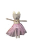 A plush cat doll with closed eyes, wearing a floral-patterned bodice and a pink tulle tutu skirt
