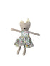 A handmade plush doll with a gray face and limbs, wearing a floral print dress