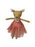 A plush stuffed toy deer doll wearing a pink tutu dress.