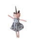 A plush unicorn doll with pink skin, a gray horn, and a light blue dress printed with small red dragon motifs