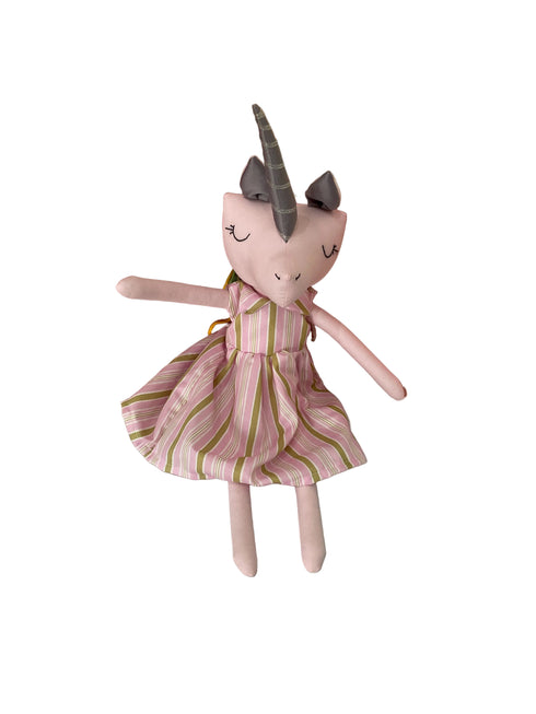 A handmade pink plush unicorn doll with a striped pink and green dress.