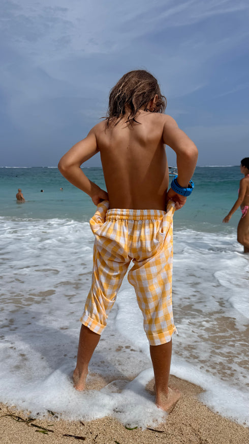 Person wearing yellow checkered shorts standing on a beach with ocean waves.